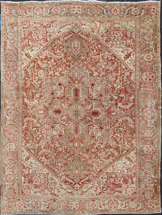Gray Green, Taupe border, Soft Red Persian Heriz Runner with Geometric Medallion Design, rug R20 - 0103, country of origin / type: Iran / Heriz, circa 1930 This Persian Heriz runner features a classic multi - medallion design. The vertical arrangeme... - Keivan Woven ArtsR20 - 0103 - 12565