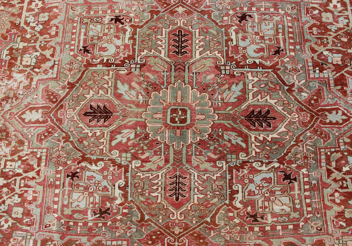 Gray Green, Taupe border, Soft Red Persian Heriz Runner with Geometric Medallion Design, rug R20 - 0103, country of origin / type: Iran / Heriz, circa 1930 This Persian Heriz runner features a classic multi - medallion design. The vertical arrangeme... - Keivan Woven ArtsR20 - 0103 - 12565