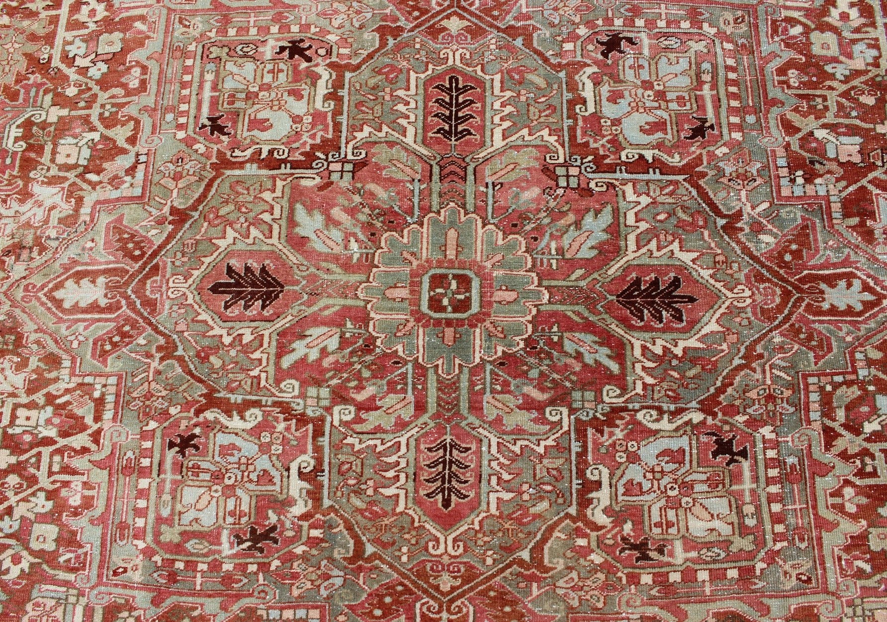 Gray Green, Taupe border, Soft Red Persian Heriz Runner with Geometric Medallion Design, rug R20 - 0103, country of origin / type: Iran / Heriz, circa 1930 This Persian Heriz runner features a classic multi - medallion design. The vertical arrangeme... - Keivan Woven ArtsR20 - 0103 - 12565