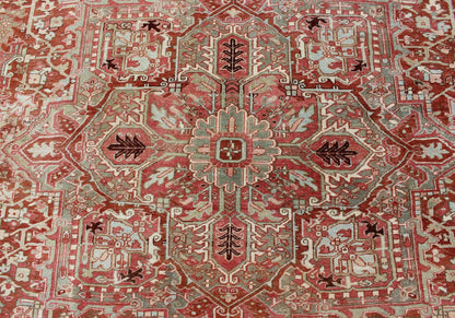 Gray Green, Taupe border, Soft Red Persian Heriz Runner with Geometric Medallion Design, rug R20 - 0103, country of origin / type: Iran / Heriz, circa 1930 This Persian Heriz runner features a classic multi - medallion design. The vertical arrangeme... - Keivan Woven ArtsR20 - 0103 - 12565