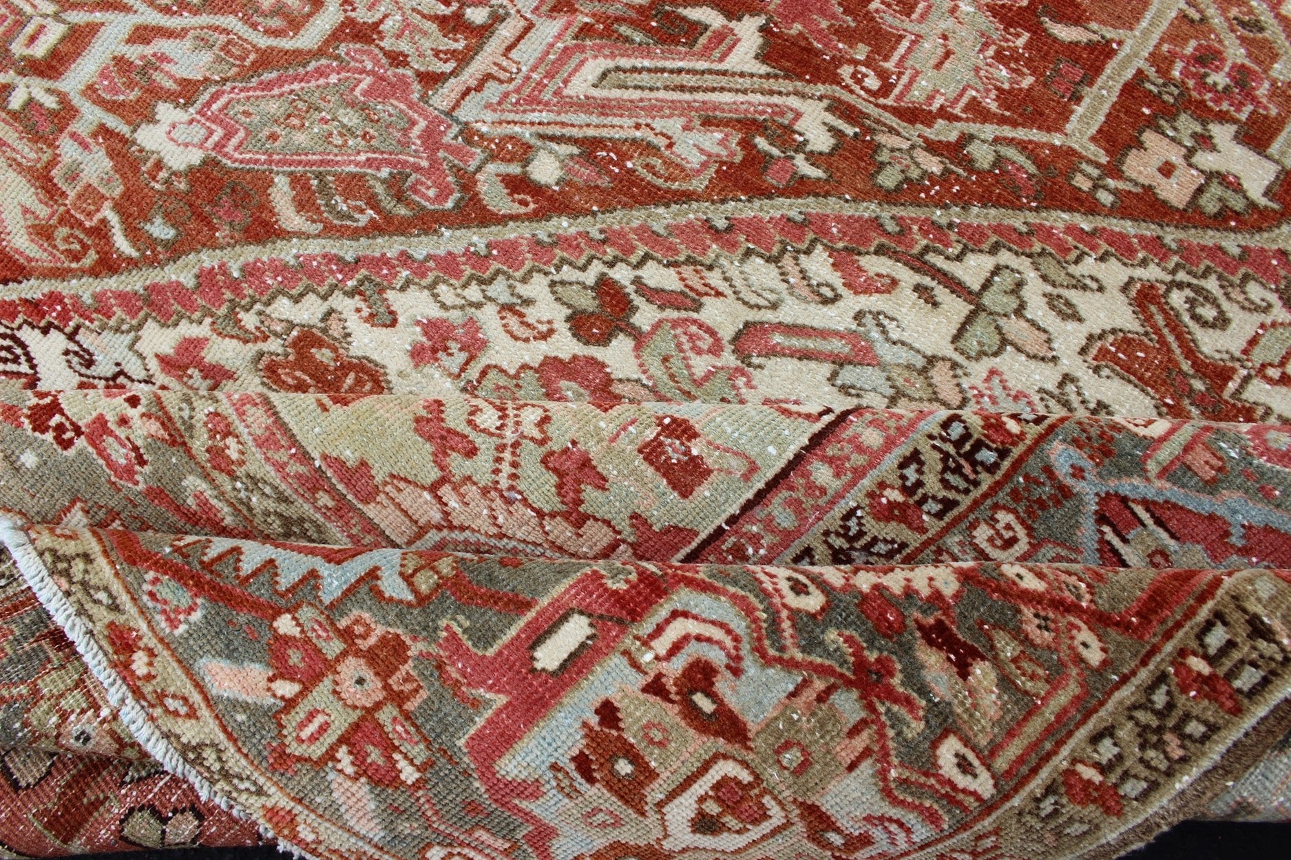 Gray Green, Taupe border, Soft Red Persian Heriz Runner with Geometric Medallion Design, rug R20 - 0103, country of origin / type: Iran / Heriz, circa 1930 This Persian Heriz runner features a classic multi - medallion design. The vertical arrangeme... - Keivan Woven ArtsR20 - 0103 - 12565