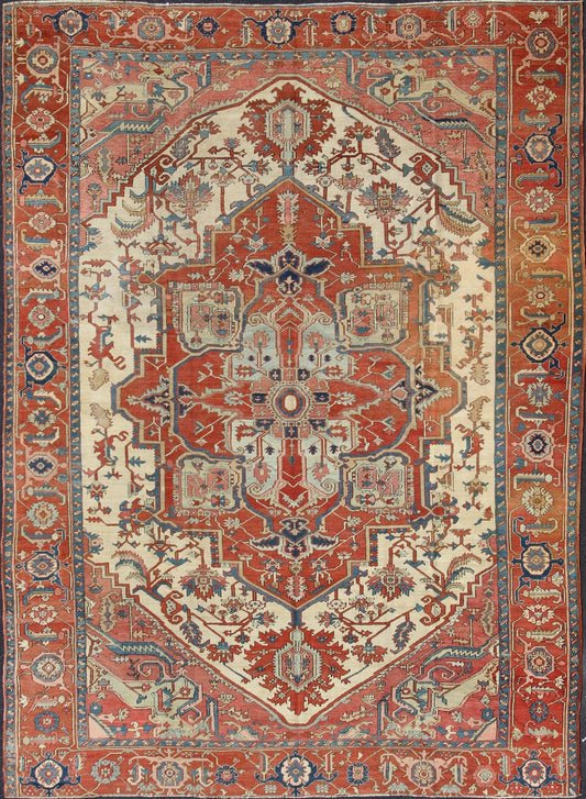 Antique Persian Serapi Rug with Ivory Background & Detailed Layered Medallion. Fabulous antique Persian Serapi rug with colorful and detailed layered medallion, Keivan Woven Arts / rug R20 - 0104, country of origin / type: Iran / Serapi, circa 1890 ... - Keivan Woven ArtsR20 - 0104 - 12863