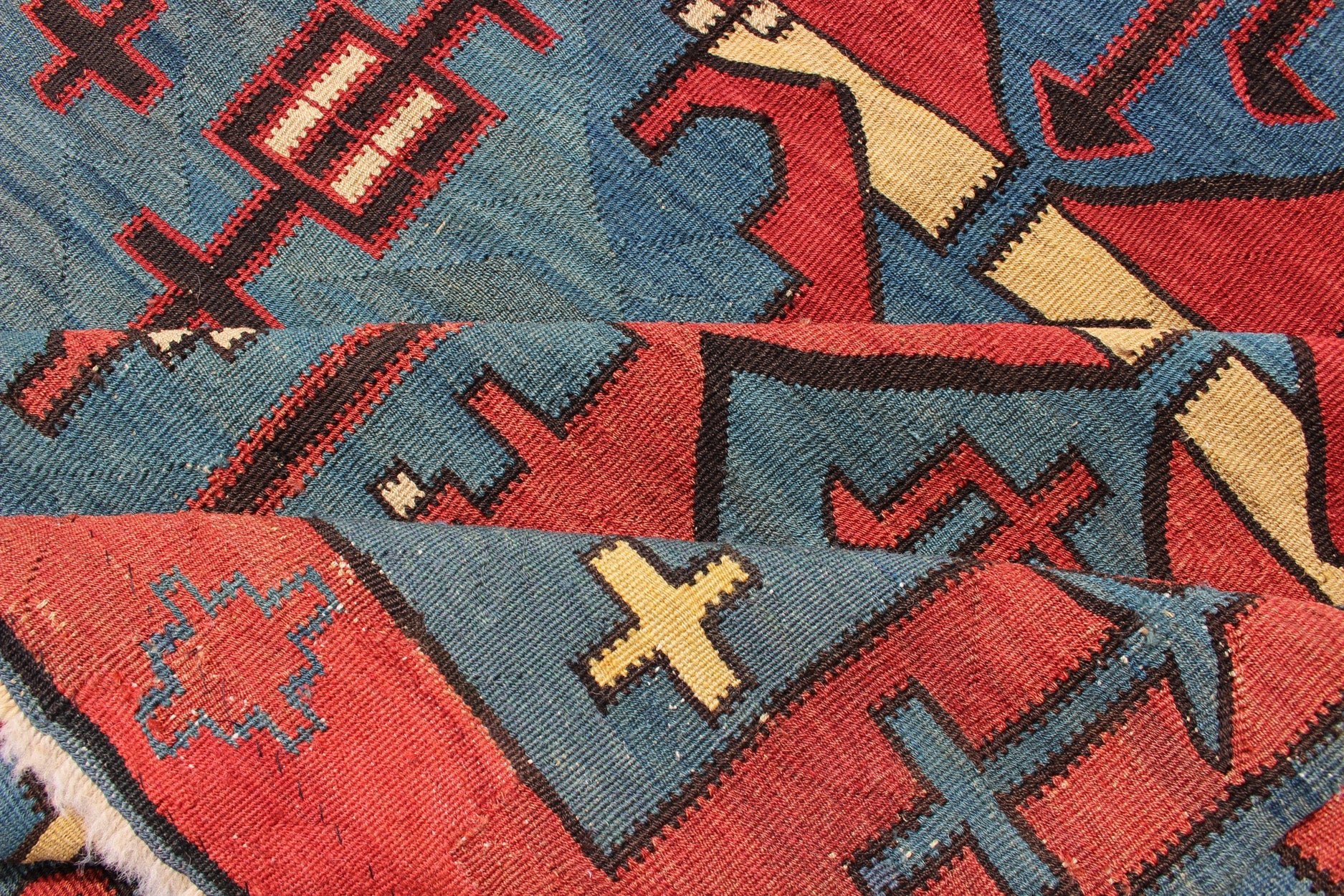 A Rare Antique Caucasian Avar Tribal Flat - Weave Gallery Size in Blue and Red. Amazing and Rare Antique Caucasian Avar Tribal Flat - Weave Gallery Size in Blue and Red, Tribal Caucasian Kilim rug with all - over diamond and geometric design, rug R20 - 030... - Keivan Woven ArtsR20 - 0301 - 12821Rug