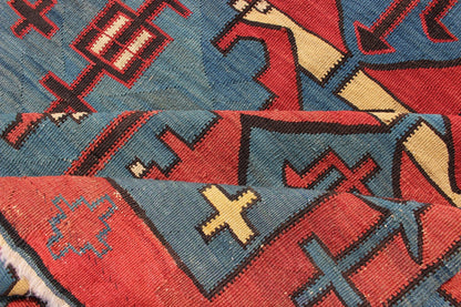 A Rare Antique Caucasian Avar Tribal Flat - Weave Gallery Size in Blue and Red. Amazing and Rare Antique Caucasian Avar Tribal Flat - Weave Gallery Size in Blue and Red, Tribal Caucasian Kilim rug with all - over diamond and geometric design, rug R20 - 030... - Keivan Woven ArtsR20 - 0301 - 12821Rug