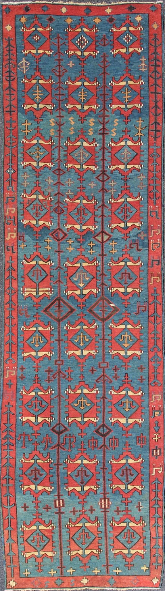 A Rare Antique Caucasian Avar Tribal Flat - Weave Gallery Size in Blue and Red. Amazing and Rare Antique Caucasian Avar Tribal Flat - Weave Gallery Size in Blue and Red, Tribal Caucasian Kilim rug with all - over diamond and geometric design, rug R20 - 030... - Keivan Woven ArtsR20 - 0301 - 12821Rug