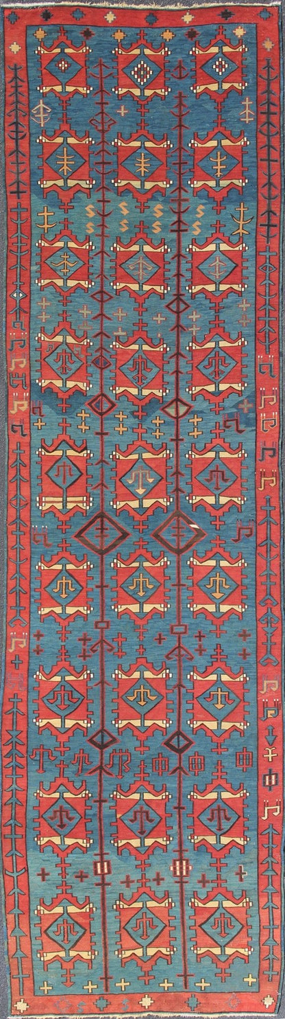 A Rare Antique Caucasian Avar Tribal Flat - Weave Gallery Size in Blue and Red. Amazing and Rare Antique Caucasian Avar Tribal Flat - Weave Gallery Size in Blue and Red, Tribal Caucasian Kilim rug with all - over diamond and geometric design, rug R20 - 030... - Keivan Woven ArtsR20 - 0301 - 12821Rug