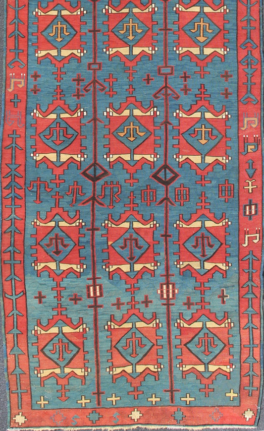 A Rare Antique Caucasian Avar Tribal Flat - Weave Gallery Size in Blue and Red. Amazing and Rare Antique Caucasian Avar Tribal Flat - Weave Gallery Size in Blue and Red, Tribal Caucasian Kilim rug with all - over diamond and geometric design, rug R20 - 030... - Keivan Woven ArtsR20 - 0301 - 12821Rug