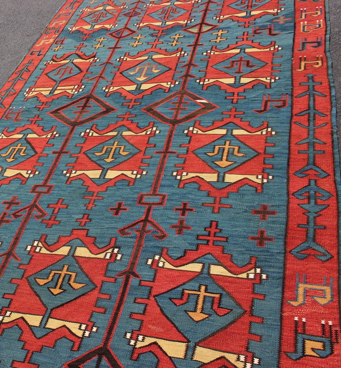 A Rare Antique Caucasian Avar Tribal Flat - Weave Gallery Size in Blue and Red. Amazing and Rare Antique Caucasian Avar Tribal Flat - Weave Gallery Size in Blue and Red, Tribal Caucasian Kilim rug with all - over diamond and geometric design, rug R20 - 030... - Keivan Woven ArtsR20 - 0301 - 12821Rug