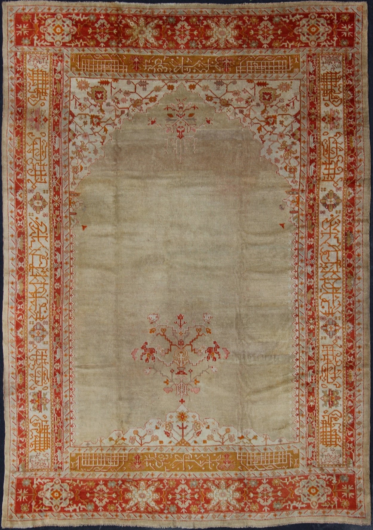 Large Antique Oushak Rug in Taupe/Light Green Background and Red Border Measures: 11'6 x 16. Taupe and sea - foam field patterned with a flawlessly floral motif frames one end of the carpet, which bears vase of flowers and floral motifs an... - Keivan Woven ArtsR20 - 0302 - 12825Rug