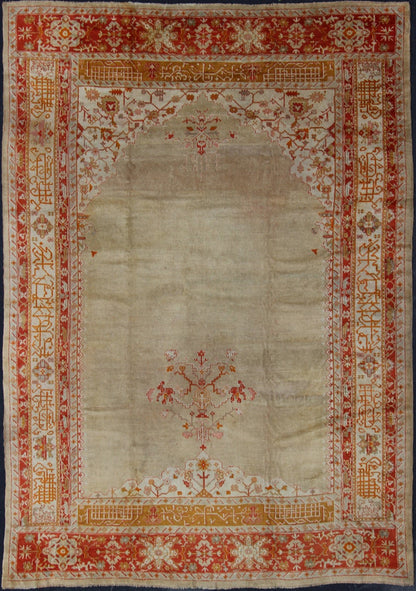 Large Antique Oushak Rug in Taupe/Light Green Background and Red Border Measures: 11'6 x 16. Taupe and sea - foam field patterned with a flawlessly floral motif frames one end of the carpet, which bears vase of flowers and floral motifs an... - Keivan Woven ArtsR20 - 0302 - 12825Rug
