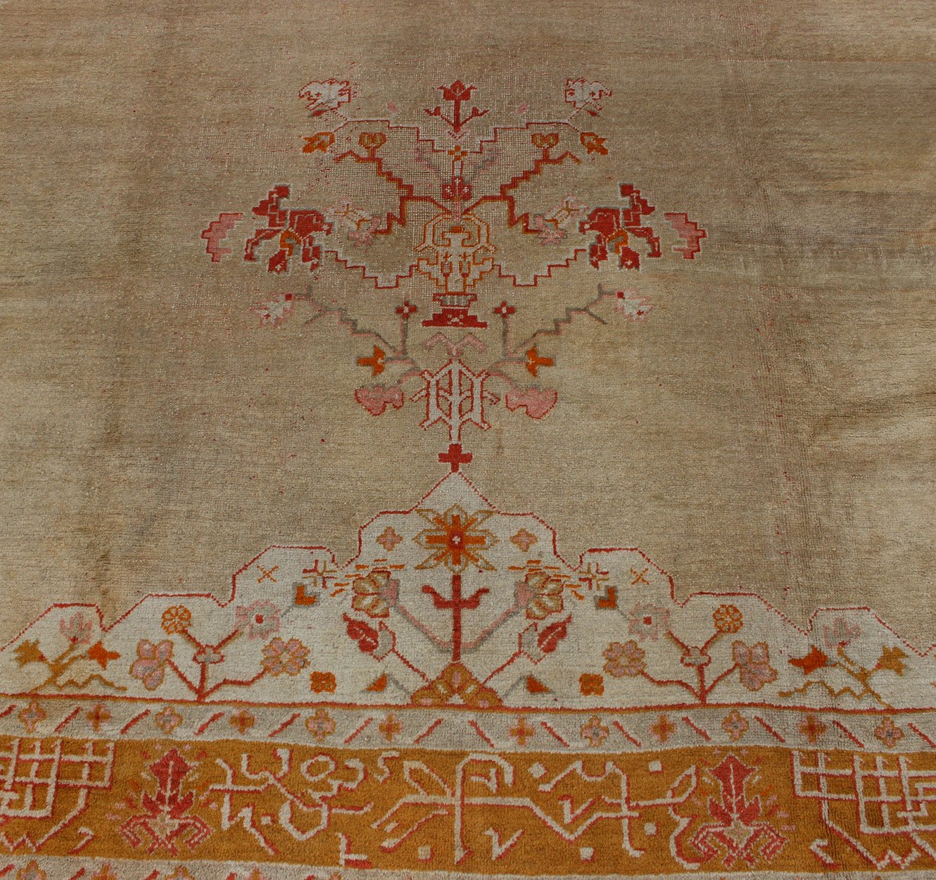 Large Antique Oushak Rug in Taupe/Light Green Background and Red Border Measures: 11'6 x 16. Taupe and sea - foam field patterned with a flawlessly floral motif frames one end of the carpet, which bears vase of flowers and floral motifs an... - Keivan Woven ArtsR20 - 0302 - 12825Rug