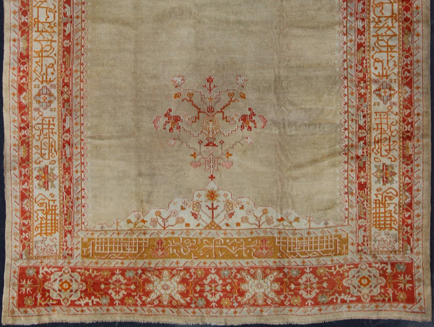Large Antique Oushak Rug in Taupe/Light Green Background and Red Border Measures: 11'6 x 16. Taupe and sea - foam field patterned with a flawlessly floral motif frames one end of the carpet, which bears vase of flowers and floral motifs an... - Keivan Woven ArtsR20 - 0302 - 12825Rug