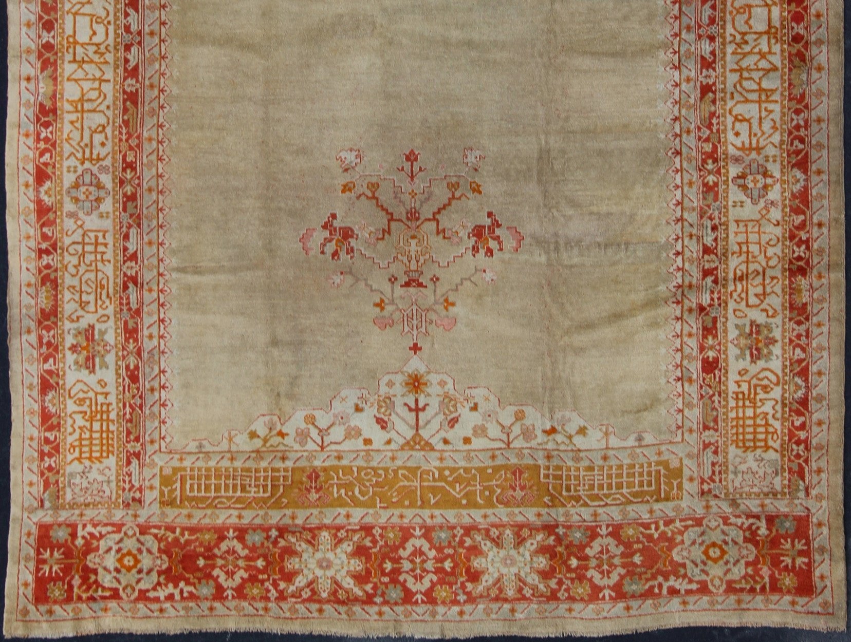 Large Antique Oushak Rug in Taupe/Light Green Background and Red Border Measures: 11'6 x 16. Taupe and sea - foam field patterned with a flawlessly floral motif frames one end of the carpet, which bears vase of flowers and floral motifs an... - Keivan Woven ArtsR20 - 0302 - 12825Rug