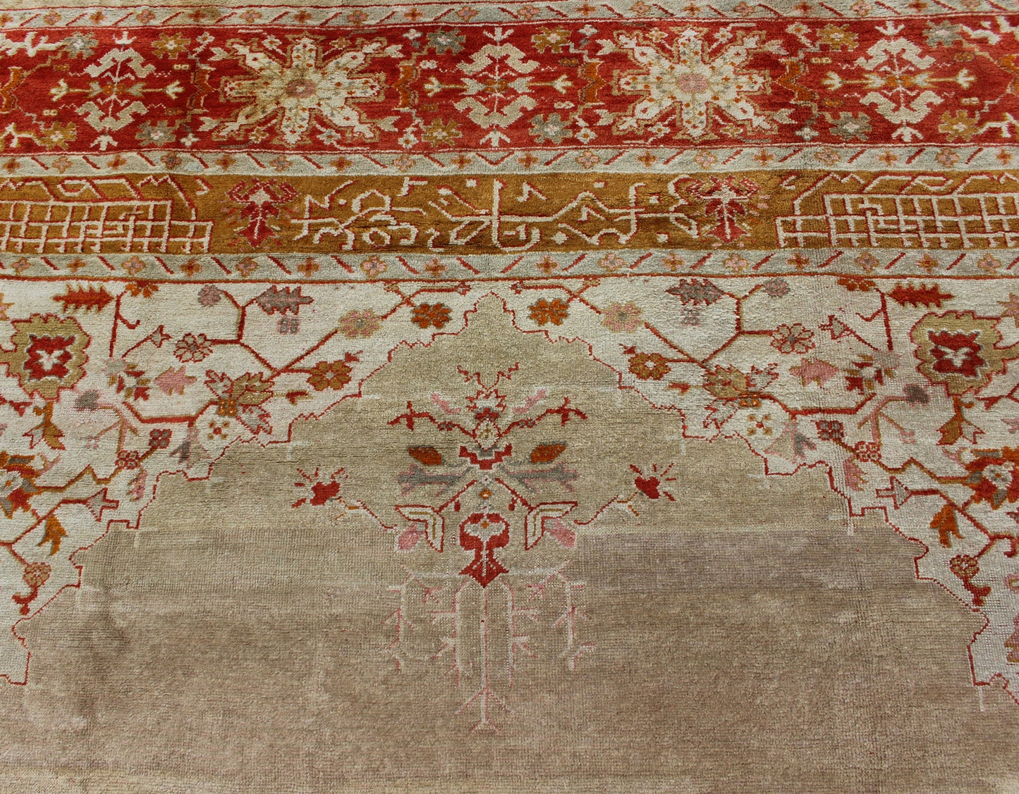 Large Antique Oushak Rug in Taupe/Light Green Background and Red Border Measures: 11'6 x 16. Taupe and sea - foam field patterned with a flawlessly floral motif frames one end of the carpet, which bears vase of flowers and floral motifs an... - Keivan Woven ArtsR20 - 0302 - 12825Rug