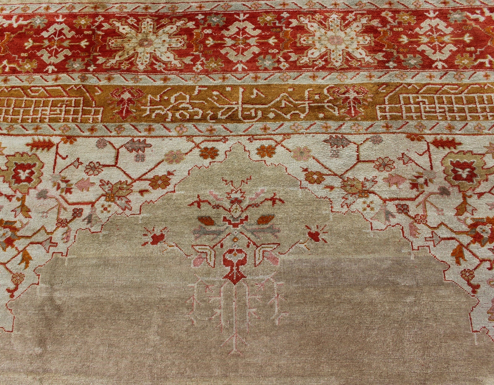 Large Antique Oushak Rug in Taupe/Light Green Background and Red Border Measures: 11'6 x 16. Taupe and sea - foam field patterned with a flawlessly floral motif frames one end of the carpet, which bears vase of flowers and floral motifs an... - Keivan Woven ArtsR20 - 0302 - 12825Rug