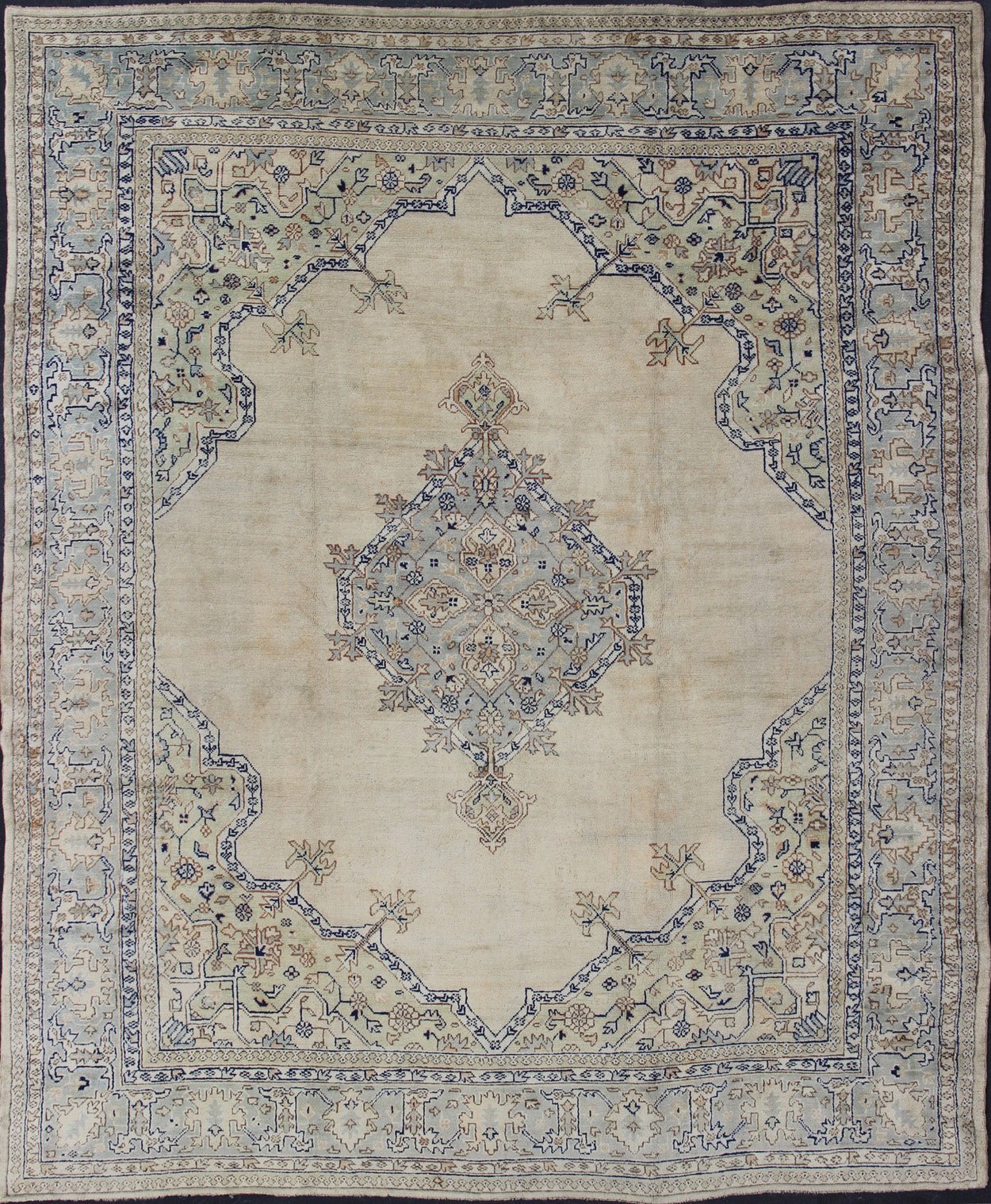 Antique Turkish Oushak with Geometric Motifs in Champagne Field and Accent Blue, Oushak antique rug from Turkey. Keivan Woven Arts / rug R20 - 0303, country of origin / type: Turkey / Oushak, circa 1920 This beautiful rug from early 20th century T... - Keivan Woven ArtsR20 - 0303 - 12831Rug
