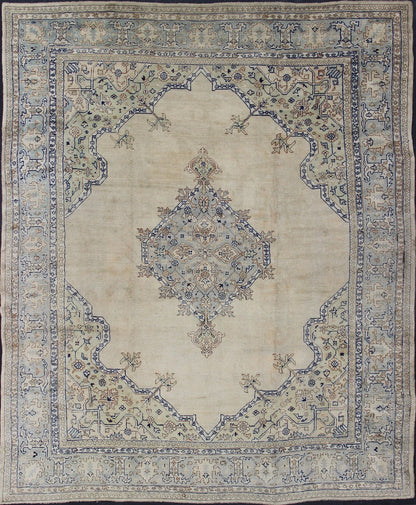 Antique Turkish Oushak with Geometric Motifs in Champagne Field and Accent Blue, Oushak antique rug from Turkey. Keivan Woven Arts / rug R20 - 0303, country of origin / type: Turkey / Oushak, circa 1920 This beautiful rug from early 20th century T... - Keivan Woven ArtsR20 - 0303 - 12831Rug