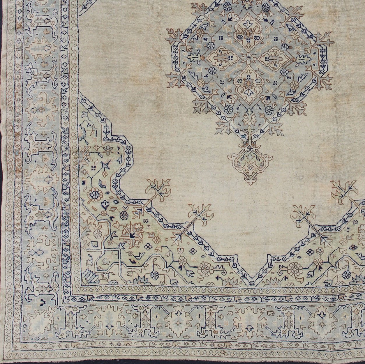 Antique Turkish Oushak with Geometric Motifs in Champagne Field and Accent Blue, Oushak antique rug from Turkey. Keivan Woven Arts / rug R20 - 0303, country of origin / type: Turkey / Oushak, circa 1920 This beautiful rug from early 20th century T... - Keivan Woven ArtsR20 - 0303 - 12831Rug