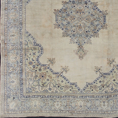 Antique Turkish Oushak with Geometric Motifs in Champagne Field and Accent Blue, Oushak antique rug from Turkey. Keivan Woven Arts / rug R20 - 0303, country of origin / type: Turkey / Oushak, circa 1920 This beautiful rug from early 20th century T... - Keivan Woven ArtsR20 - 0303 - 12831Rug