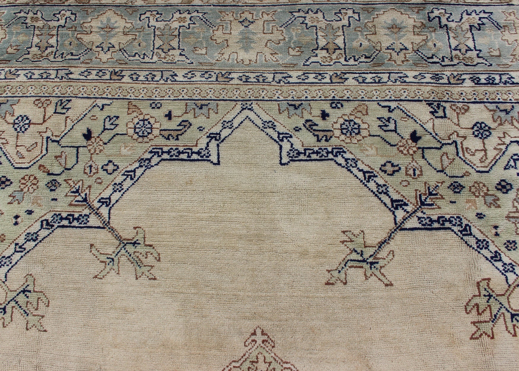 Antique Turkish Oushak with Geometric Motifs in Champagne Field and Accent Blue, Oushak antique rug from Turkey. Keivan Woven Arts / rug R20 - 0303, country of origin / type: Turkey / Oushak, circa 1920 This beautiful rug from early 20th century T... - Keivan Woven ArtsR20 - 0303 - 12831Rug