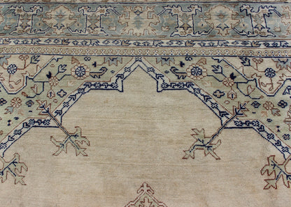 Antique Turkish Oushak with Geometric Motifs in Champagne Field and Accent Blue, Oushak antique rug from Turkey. Keivan Woven Arts / rug R20 - 0303, country of origin / type: Turkey / Oushak, circa 1920 This beautiful rug from early 20th century T... - Keivan Woven ArtsR20 - 0303 - 12831Rug