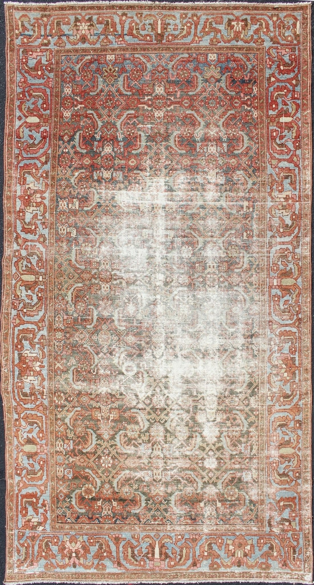 Elegant Geometric All - Over Persian Hamadan Runner in Orange and Red Tones Antique Persian Hamadan with geometric all - over design in reds, tan, and light blue. Antique rug from Persia with geometric motifs, rug R20 - 0502, country of origin / ... - Keivan Woven ArtsR20 - 0502 - 12924
