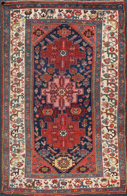 Antique Persian Kurdish Rug With Medallion Design in Blue, Red, and Ivory Rich vegetable colors in Blue and red Tribal Medallion design fine weave Kurdish antique rug from Persia, Keivan Woven Arts / rug R20 - 0503, country of origin / type: Iran ... - Keivan Woven ArtsR20 - 0503 - 12928Rug
