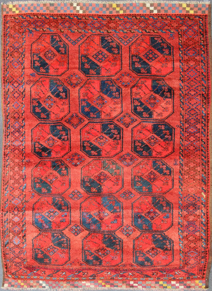 Ersari rug Medium sized hand - knotted rug with a red background with navy blue accents, cased within an intricate border and Gul design within the field. Circa 1940, Turkomen sub geometric, Keivan Woven Arts, rug R20 - 0604 Measurement 7'3... - Keivan Woven ArtsR20 - 0604 - 12946Rug