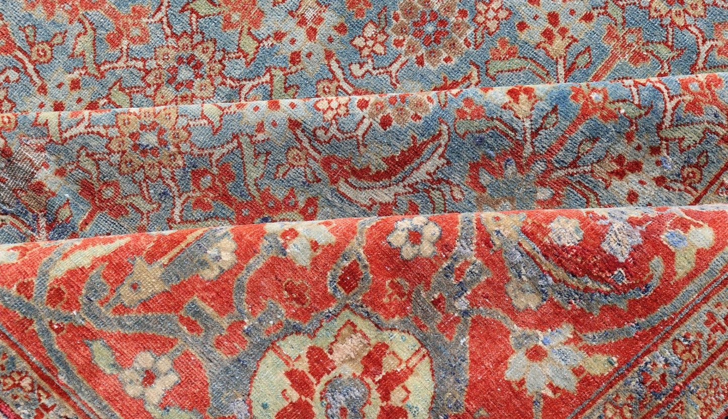 Measures: 11'7 x 13'7 All - Over Large Geometric Antique Persian Tabriz Rug in Blue's and Red's. Keivan Woven Arts / rug R20 - 0606, country of origin / type: Iran / Tabriz, circa 1910. This antique Persian Tabriz carpet (circa early 20th centur... - Keivan Woven ArtsR20 - 0606 - 12954Rug