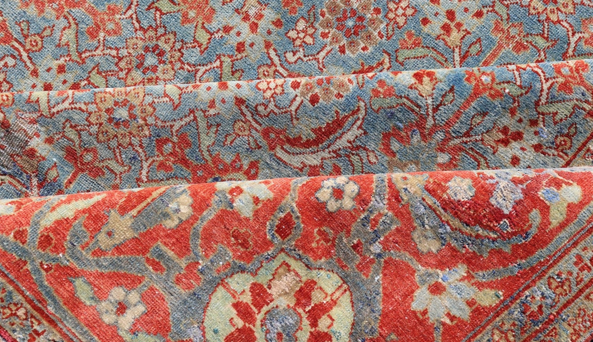 Measures: 11'7 x 13'7 All - Over Large Geometric Antique Persian Tabriz Rug in Blue's and Red's. Keivan Woven Arts / rug R20 - 0606, country of origin / type: Iran / Tabriz, circa 1910. This antique Persian Tabriz carpet (circa early 20th centur... - Keivan Woven ArtsR20 - 0606 - 12954Rug