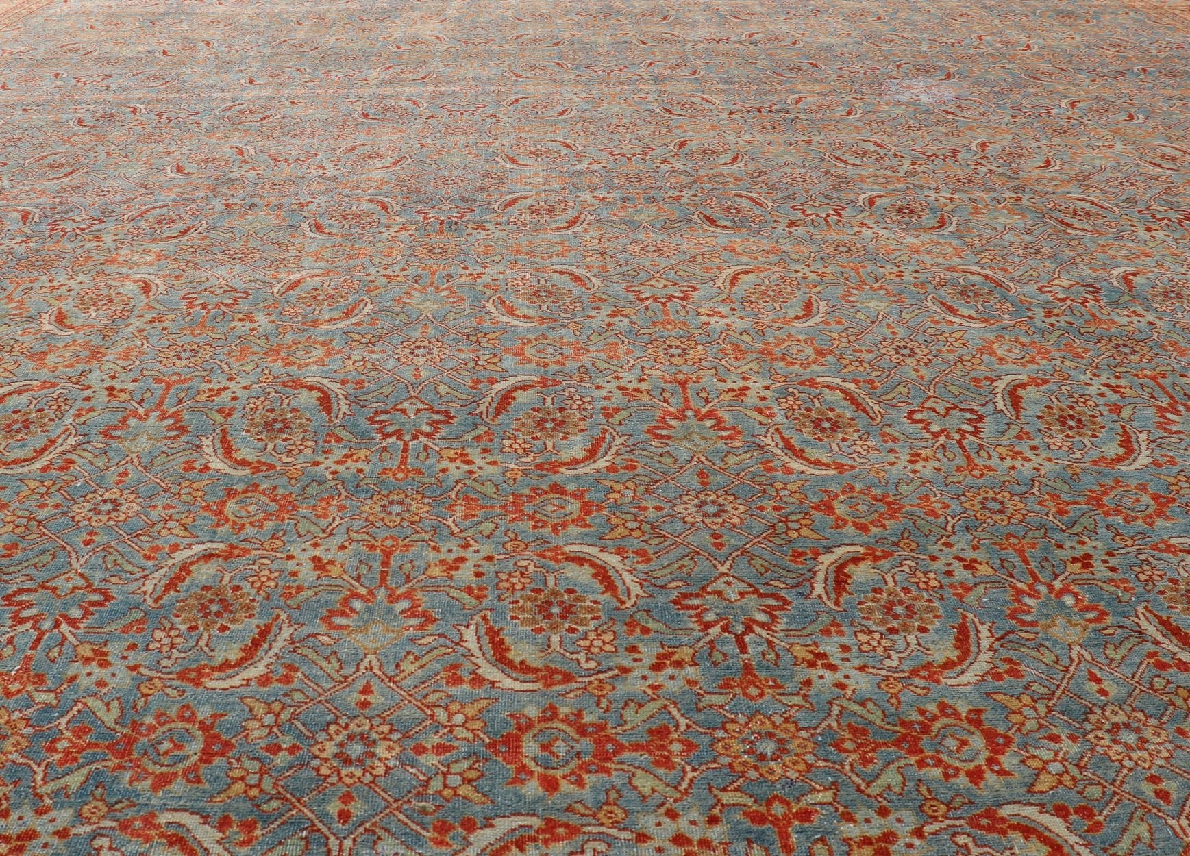 Measures: 11'7 x 13'7 All - Over Large Geometric Antique Persian Tabriz Rug in Blue's and Red's. Keivan Woven Arts / rug R20 - 0606, country of origin / type: Iran / Tabriz, circa 1910. This antique Persian Tabriz carpet (circa early 20th centur... - Keivan Woven ArtsR20 - 0606 - 12954Rug