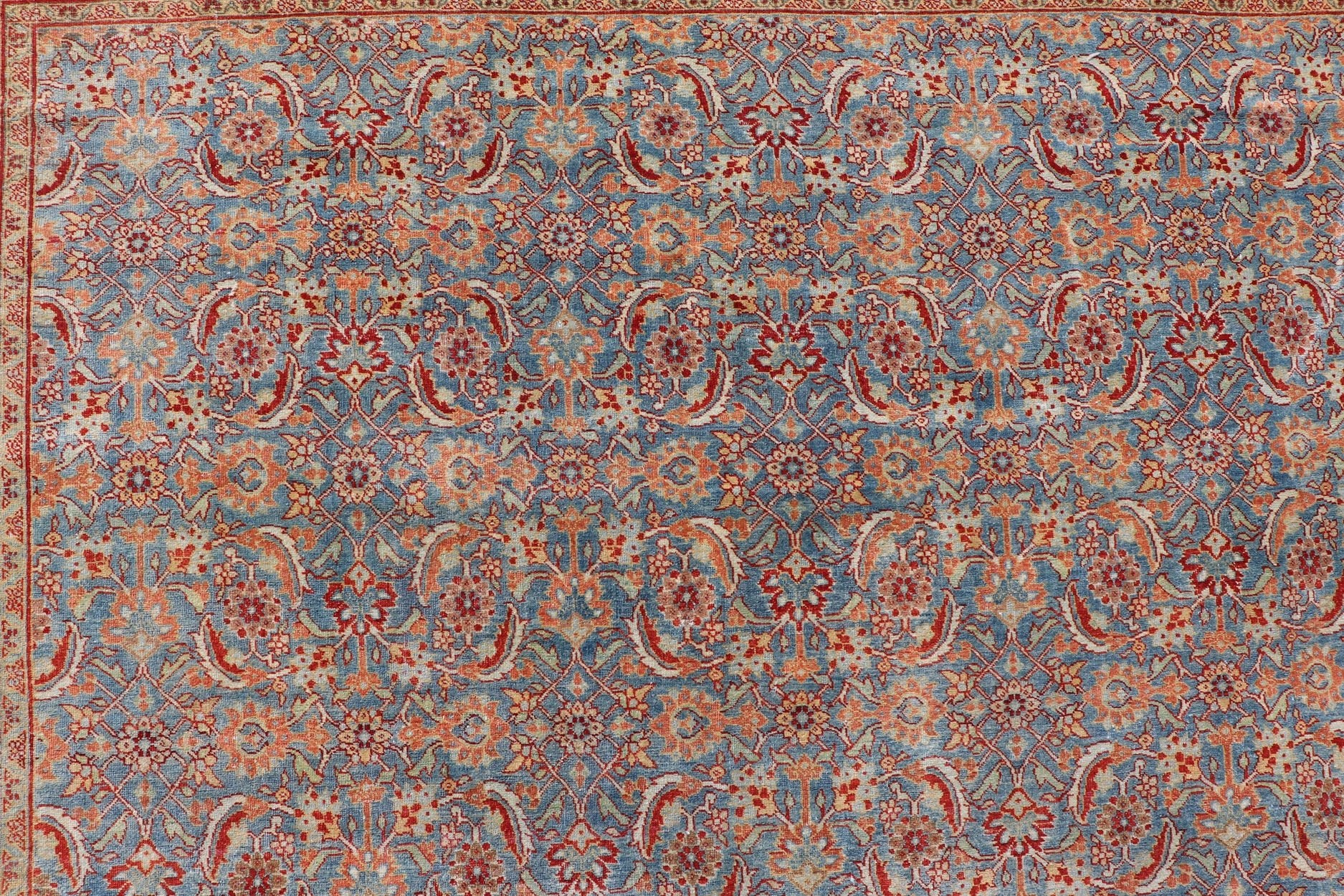 Measures: 11'7 x 13'7 All - Over Large Geometric Antique Persian Tabriz Rug in Blue's and Red's. Keivan Woven Arts / rug R20 - 0606, country of origin / type: Iran / Tabriz, circa 1910. This antique Persian Tabriz carpet (circa early 20th centur... - Keivan Woven ArtsR20 - 0606 - 12954Rug