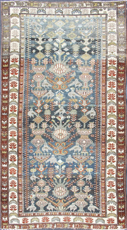 Antique Persian Bakhitari Rug with All - Over Patten in Steel Blue Background All - over Persian Earth antique Bakhtiari rug Geometric motifs and design Bakhtiari rug in steel blue and grayish - blue color tones, rug R20 - 0701, origin / type: Iran /... - Keivan Woven ArtsR20 - 0701 - 12938Rug