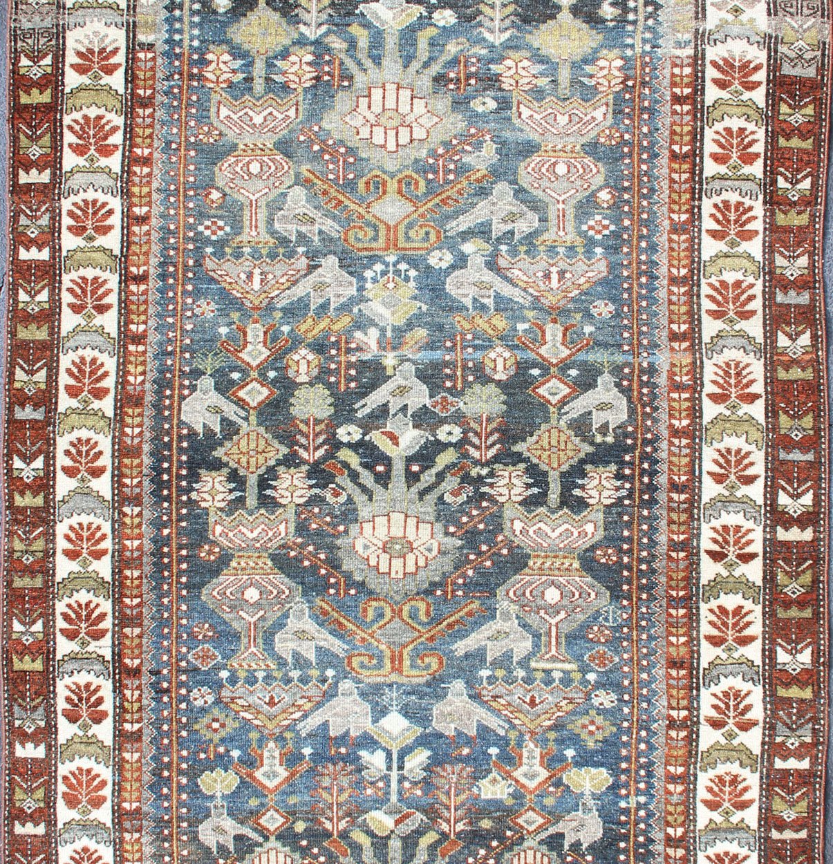 Antique Persian Bakhitari Rug with All - Over Patten in Steel Blue Background All - over Persian Earth antique Bakhtiari rug Geometric motifs and design Bakhtiari rug in steel blue and grayish - blue color tones, rug R20 - 0701, origin / type: Iran /... - Keivan Woven ArtsR20 - 0701 - 12938Rug