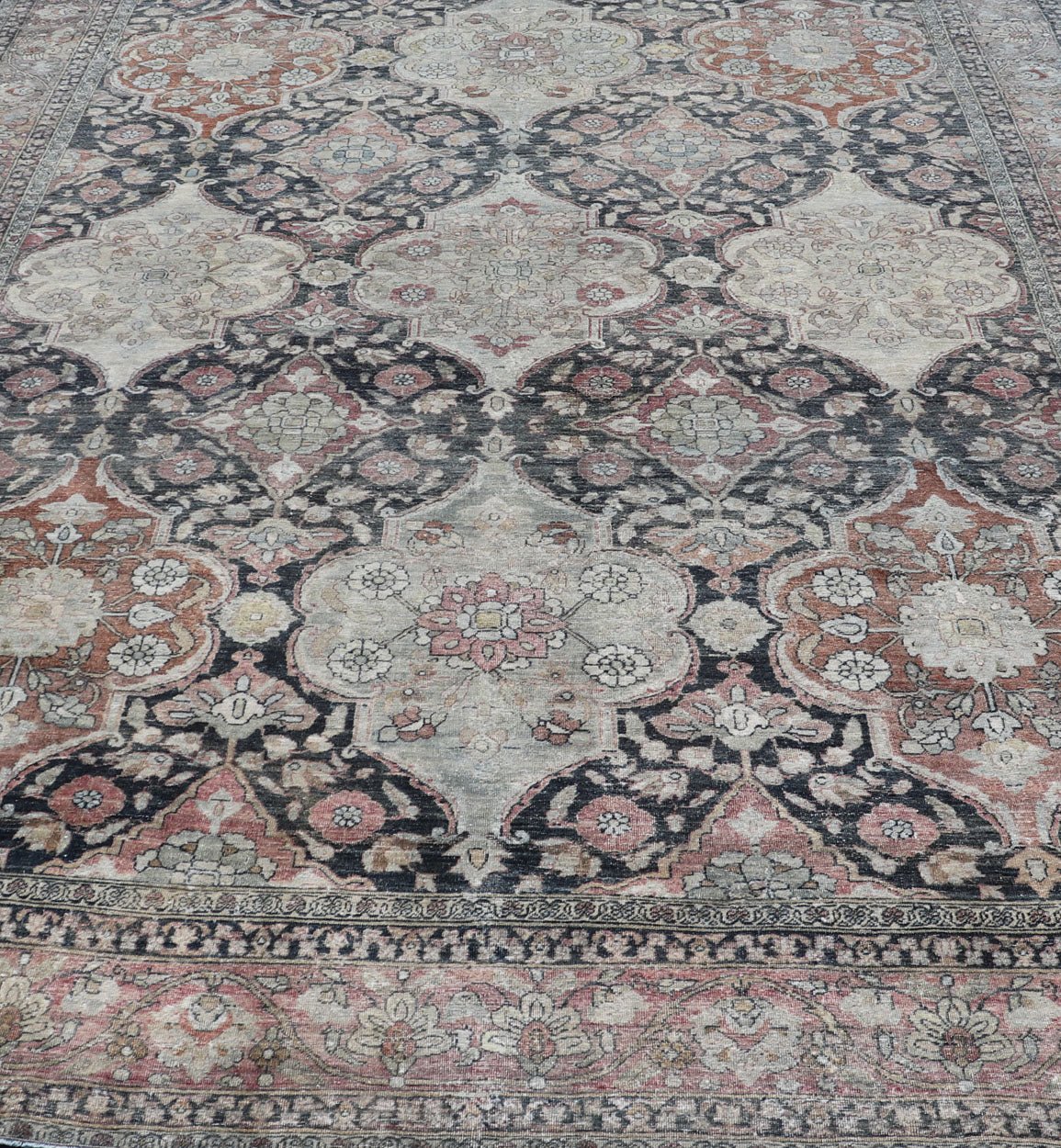 Antique Destressed Persian Yazd Rug with Floral - Geometric Design in Charcoal, Copper, Pink, and Gray - Taupe Distressed Persian antique Yazd carpet with geometric and floral design, rug R20 - 0703, country of origin / type: Iran / Tabriz, circa 1910... - Keivan Woven ArtsR20 - 0703 - 12950Rug