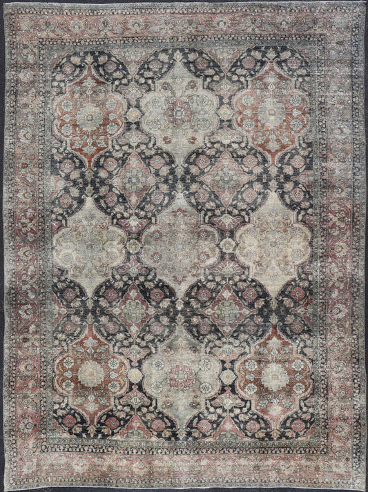 Antique Destressed Persian Yazd Rug with Floral - Geometric Design in Charcoal, Copper, Pink, and Gray - Taupe Distressed Persian antique Yazd carpet with geometric and floral design, rug R20 - 0703, country of origin / type: Iran / Tabriz, circa 1910... - Keivan Woven ArtsR20 - 0703 - 12950