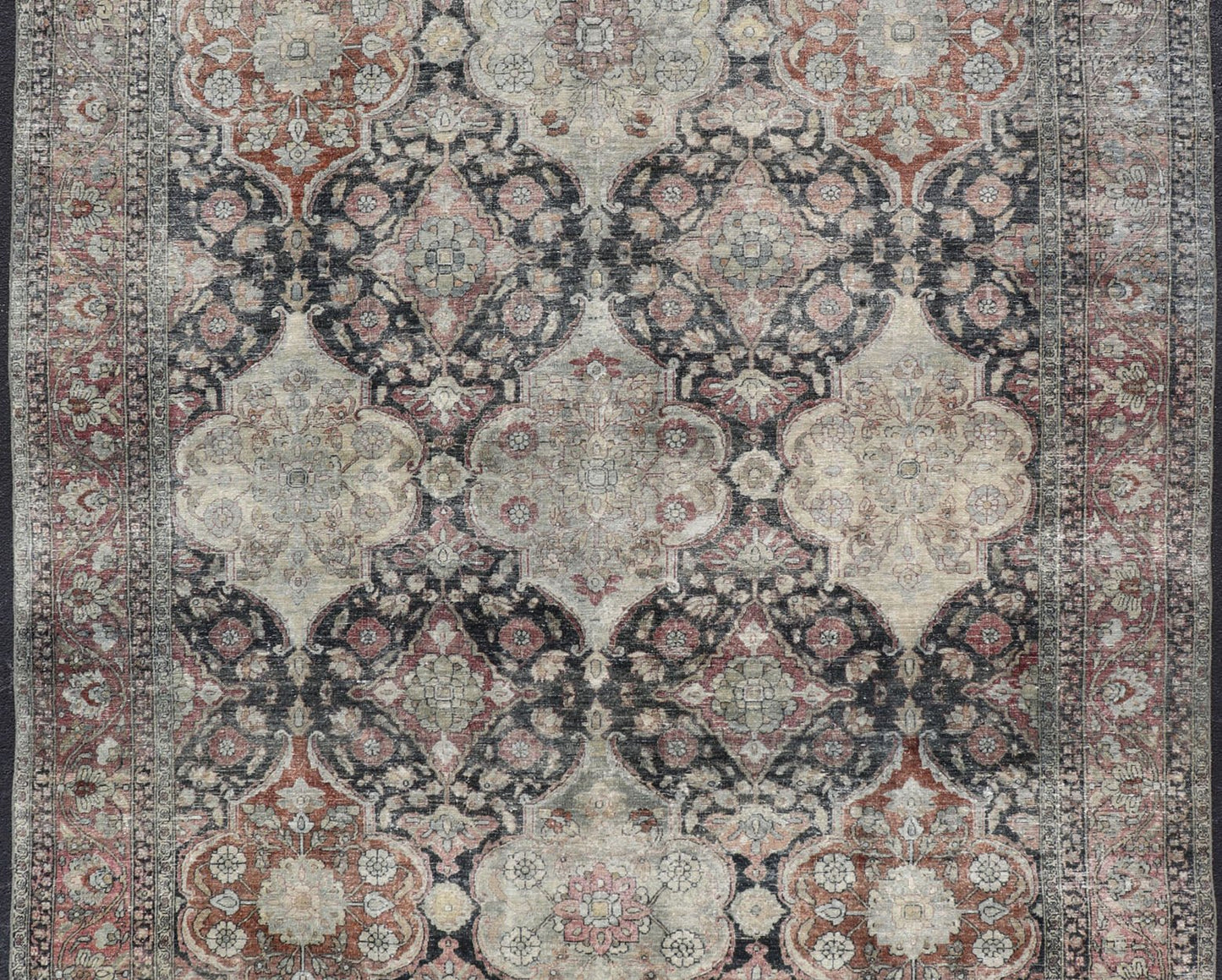 Antique Destressed Persian Yazd Rug with Floral - Geometric Design in Charcoal, Copper, Pink, and Gray - Taupe Distressed Persian antique Yazd carpet with geometric and floral design, rug R20 - 0703, country of origin / type: Iran / Tabriz, circa 1910... - Keivan Woven ArtsR20 - 0703 - 12950Rug