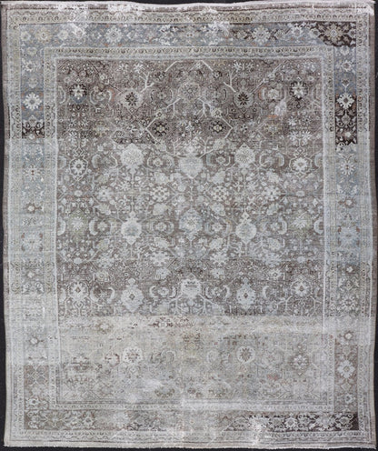 Ivory and Brown Antique Persian Mahal Rug with Floral Medallion Design Cream, brown, and green antique Persian Mahal rug with floral medallion design, rug R20 - 0707, country of origin / type: Iran / Mahal, circa 1920 This antique Persian ... - Keivan Woven ArtsR20 - 0707 - 12982Rug