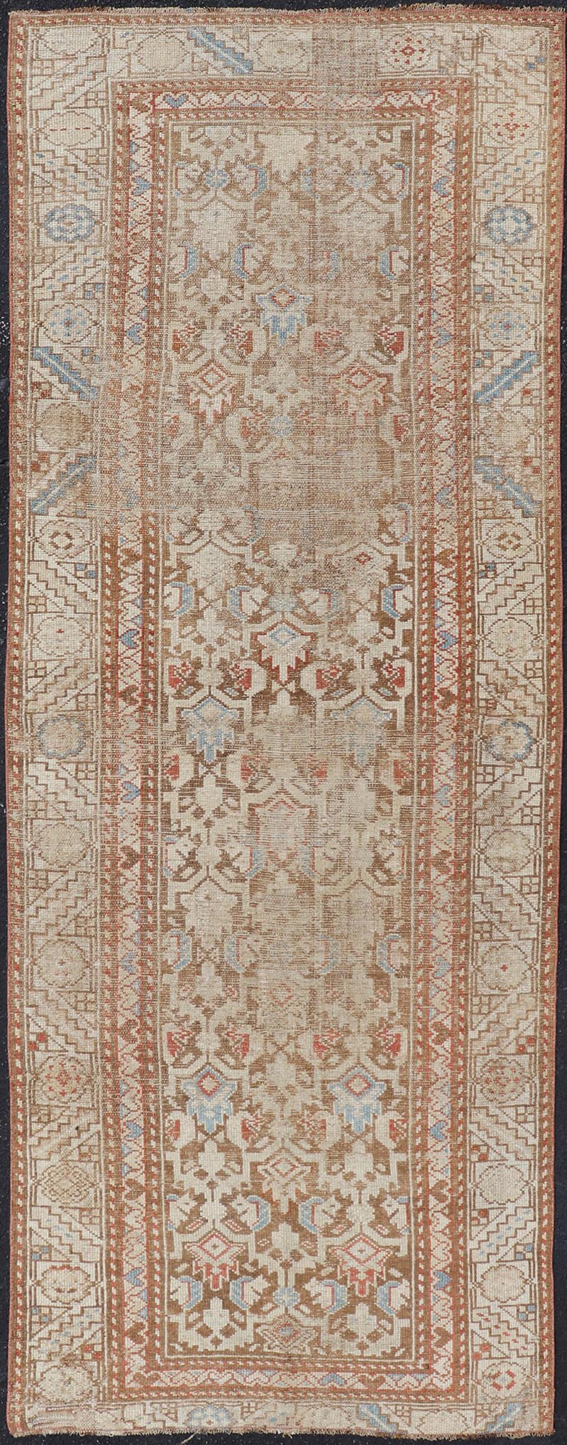 Antique Kurdish Runner in Soft Tones in Wool with All - Over Tribal Design Keivan Woven Arts / rug/R20 - 0708, country of origin / type: Iran / Kurdish, circa 1900. Measures: 3'0 x 8'1 This antique Persian Kurdish runner has been hand - knotted in ... - Keivan Woven ArtsR20 - 0708 - 12988Rug