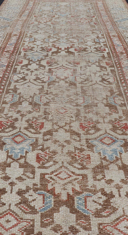 Antique Kurdish Runner in Soft Tones in Wool with All - Over Tribal Design Keivan Woven Arts / rug/R20 - 0708, country of origin / type: Iran / Kurdish, circa 1900. Measures: 3'0 x 8'1 This antique Persian Kurdish runner has been hand - knotted in ... - Keivan Woven ArtsR20 - 0708 - 12988Rug