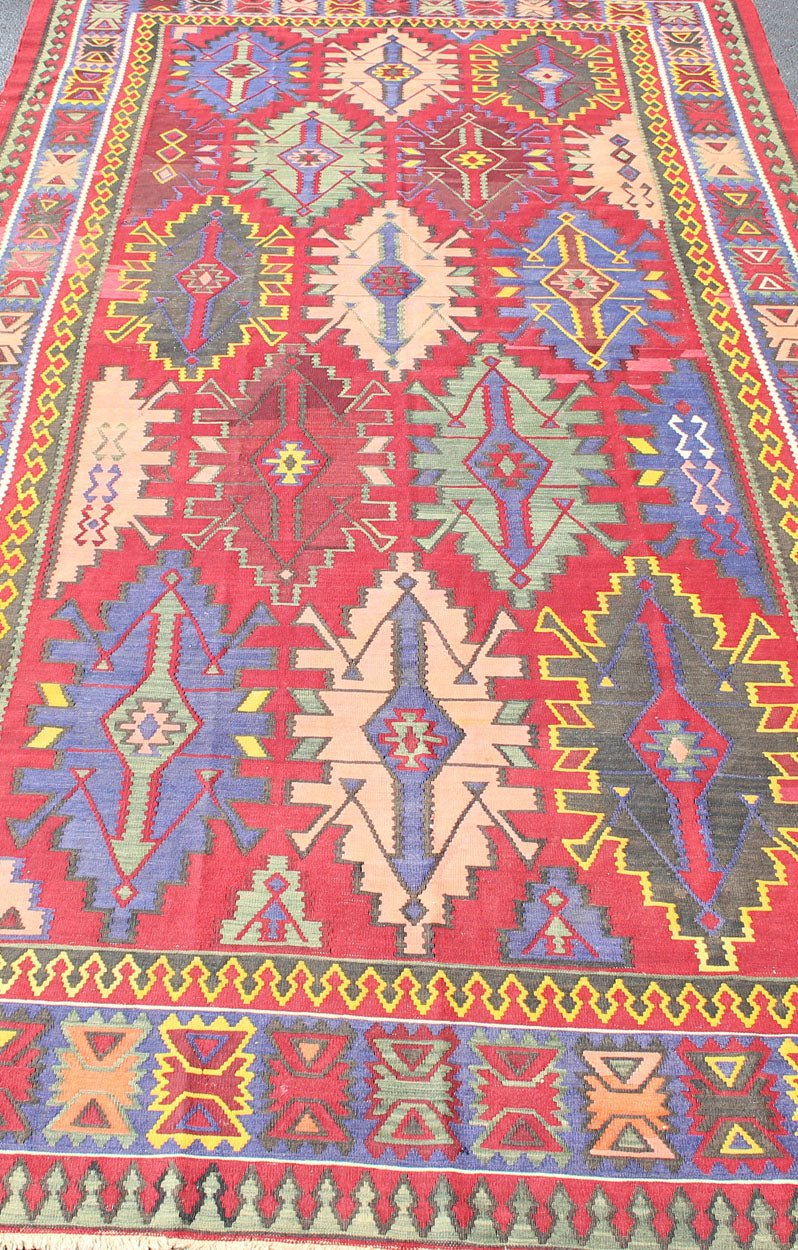 Rare Antique Caucasian Avar Tribal Flat - Weave Gallery Size Rug in Multi Colors Amazing antique Caucasian Avar tribal flat - weave Gallery size in red, blue, light and dark green, yellow and multi colors. Tribal Caucasian Kilim rug with all - over d... - Keivan Woven ArtsR20 - 0714 - 108 - 13014Rug