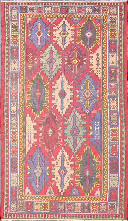 Rare Antique Caucasian Avar Tribal Flat - Weave Gallery Size Rug in Multi Colors Amazing antique Caucasian Avar tribal flat - weave Gallery size in red, blue, light and dark green, yellow and multi colors. Tribal Caucasian Kilim rug with all - over d... - Keivan Woven ArtsR20 - 0714 - 108 - 13014Rug