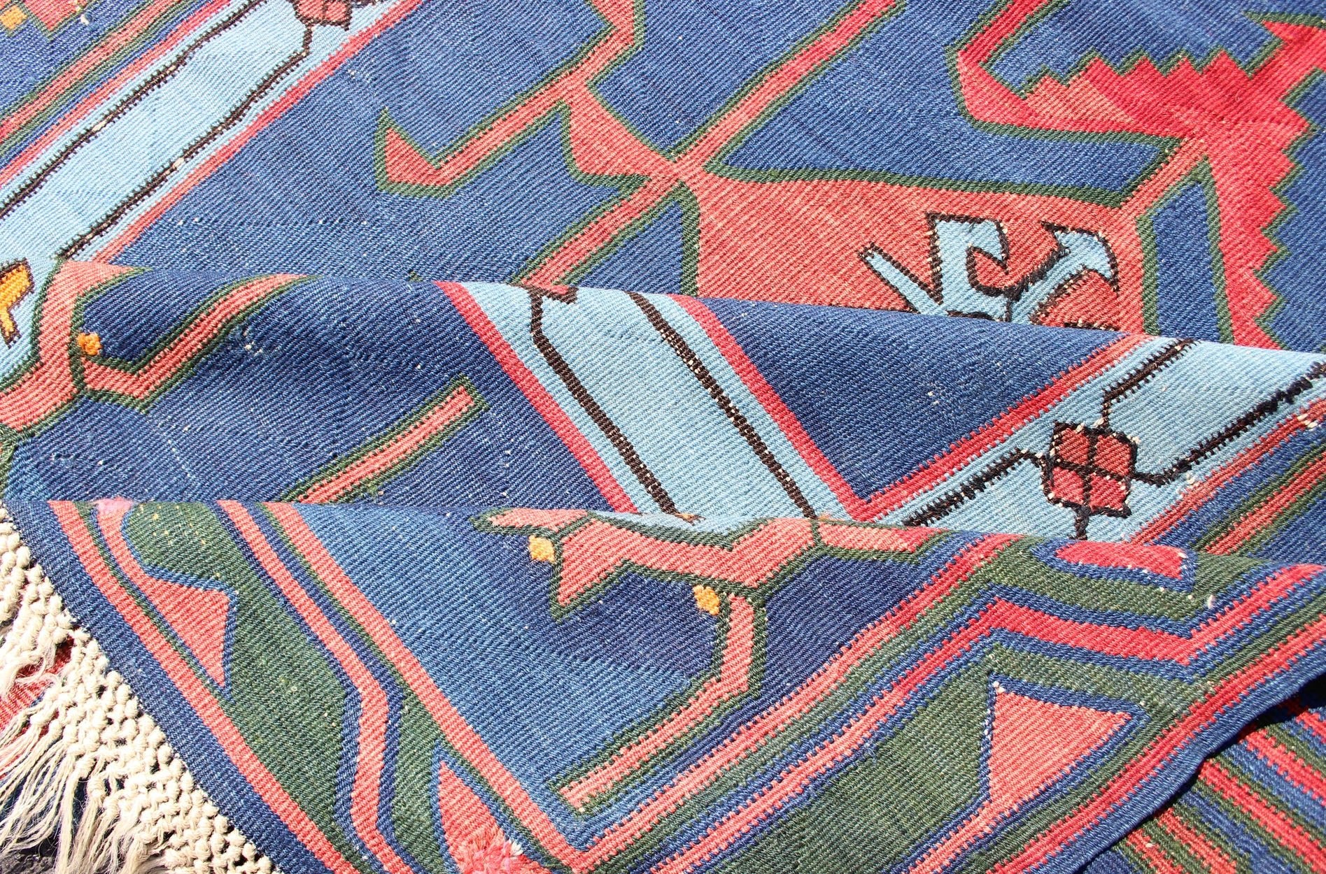 Rare antique Caucasian Avar flat - weave Gallery rug in Vibrant blue tones. Measures:4'8 x 13'9 Featuring an all - over geometric medallion design with complementary geometric motifs throughout, this unique, 1900s Kilim rug showcases an arra... - Keivan Woven ArtsR20 - 0715 - 106 - 13018Rug