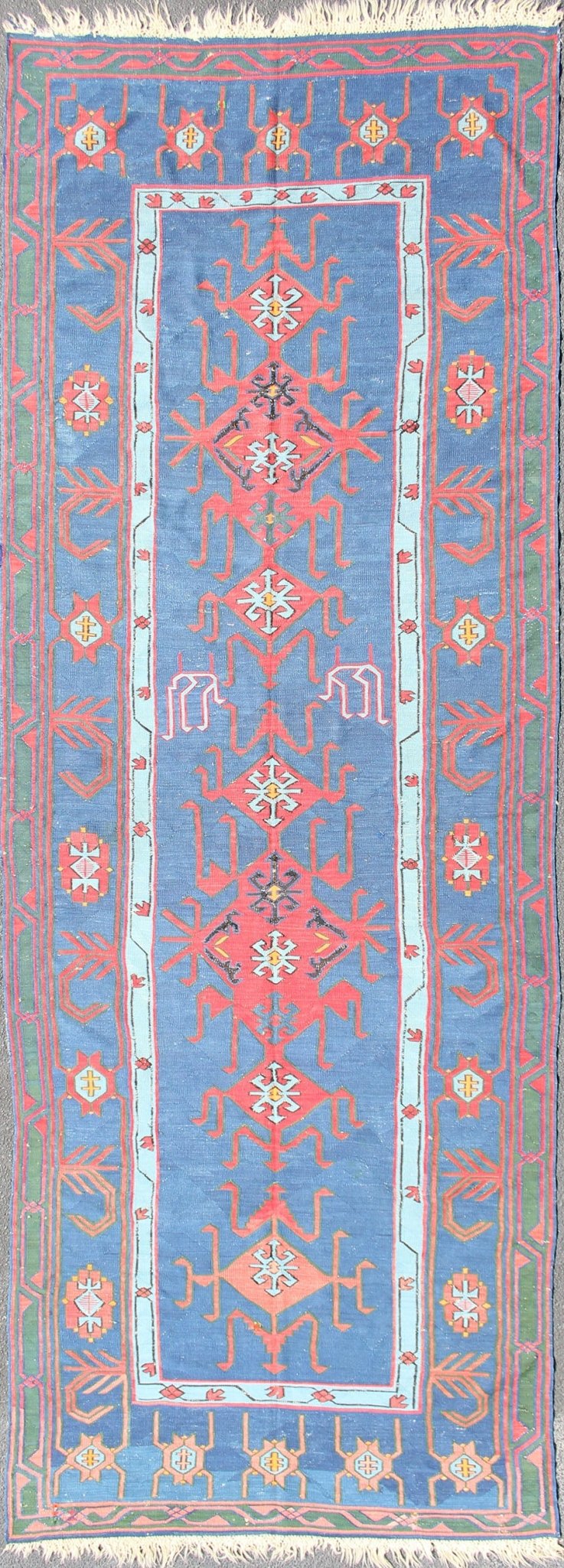 Rare antique Caucasian Avar flat - weave Gallery rug in Vibrant blue tones. Measures:4'8 x 13'9 Featuring an all - over geometric medallion design with complementary geometric motifs throughout, this unique, 1900s Kilim rug showcases an arra... - Keivan Woven ArtsR20 - 0715 - 106 - 13018Rug