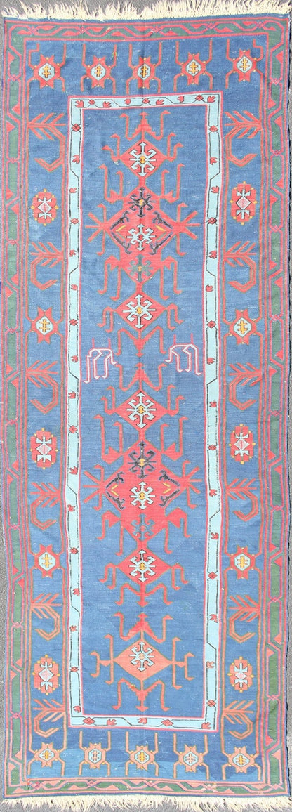 Rare antique Caucasian Avar flat - weave Gallery rug in Vibrant blue tones. Measures:4'8 x 13'9 Featuring an all - over geometric medallion design with complementary geometric motifs throughout, this unique, 1900s Kilim rug showcases an arra... - Keivan Woven ArtsR20 - 0715 - 106 - 13018Rug