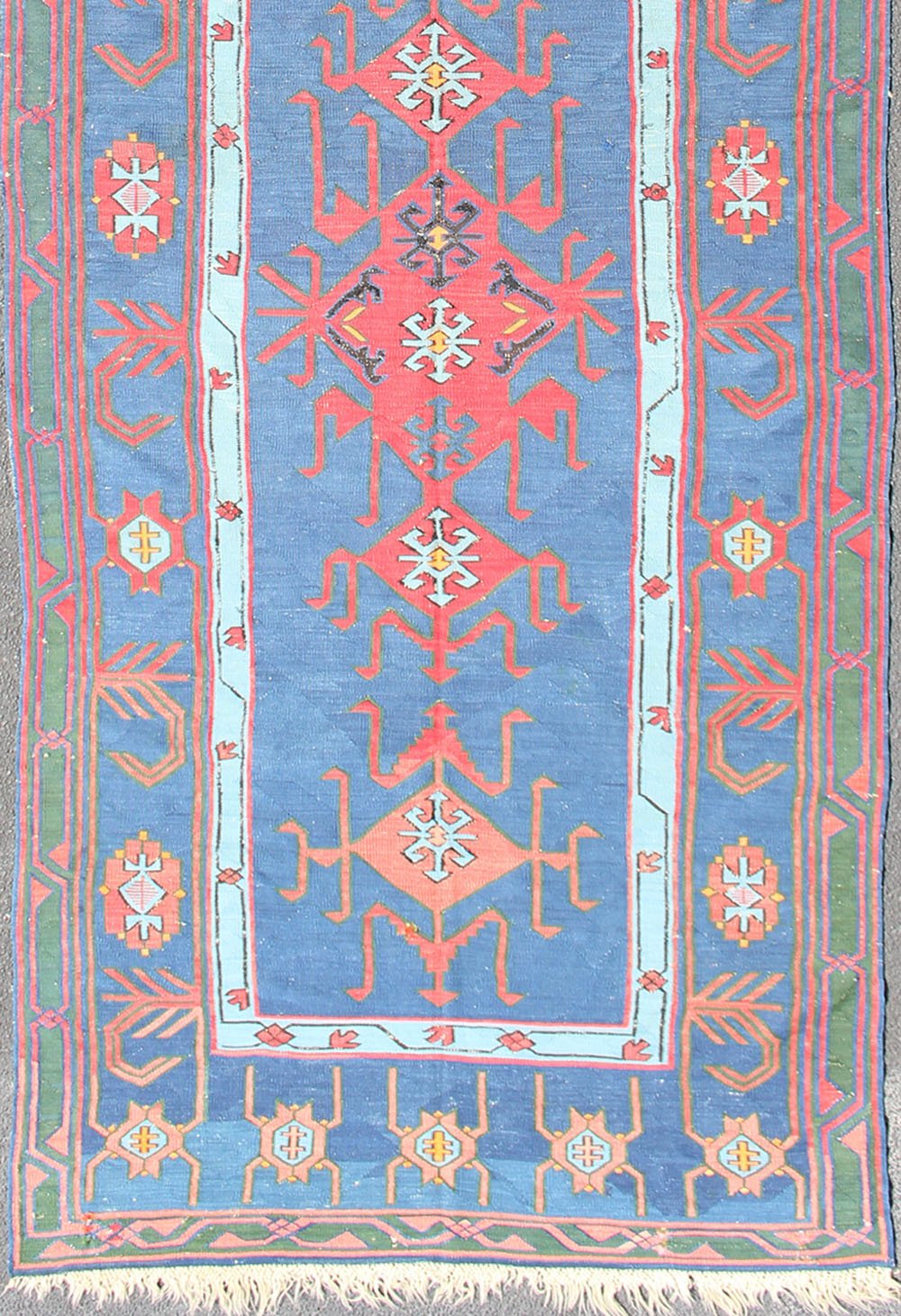 Rare antique Caucasian Avar flat - weave Gallery rug in Vibrant blue tones. Measures:4'8 x 13'9 Featuring an all - over geometric medallion design with complementary geometric motifs throughout, this unique, 1900s Kilim rug showcases an arra... - Keivan Woven ArtsR20 - 0715 - 106 - 13018Rug