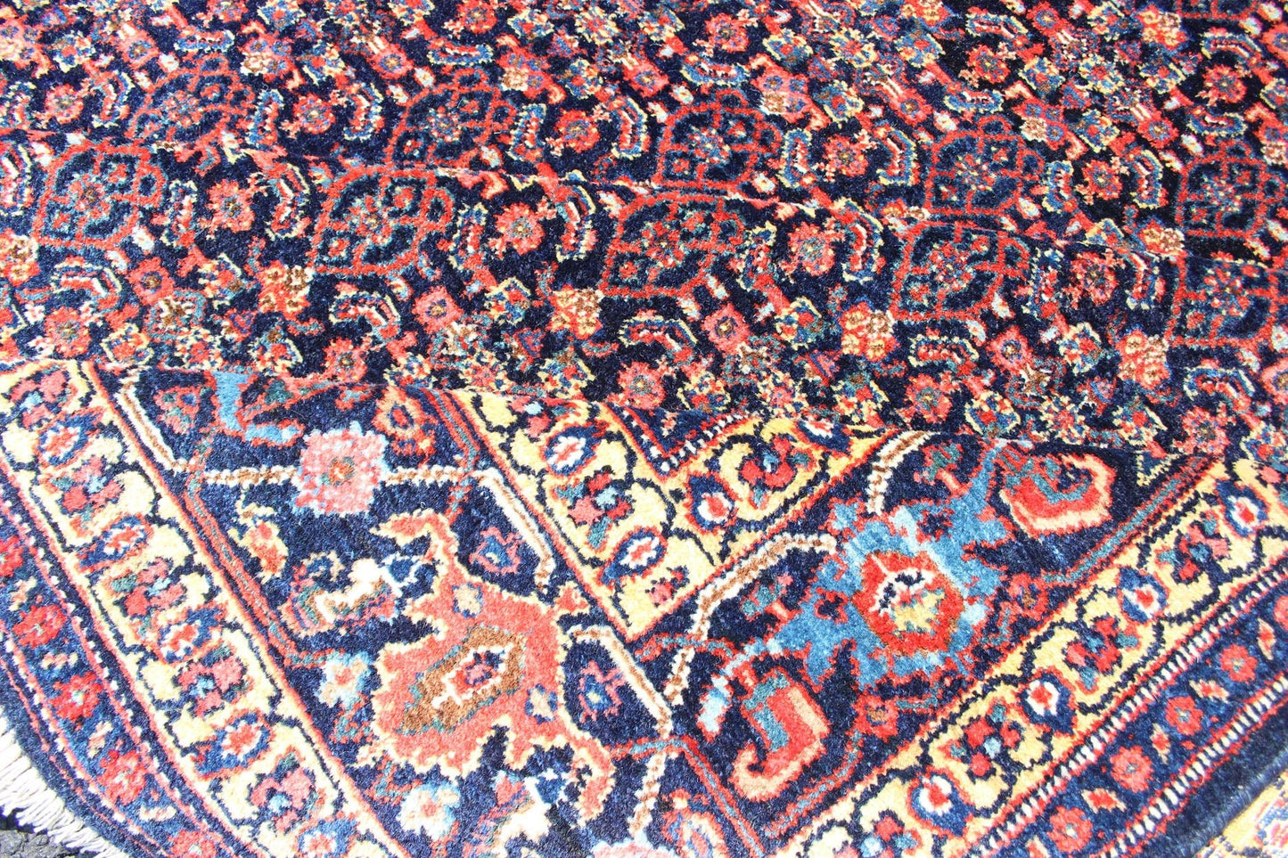 Fine Antique Persian Senneh Rug with Herati Geometric Design in Blue Background. Finely Woven Antique Persian Senneh Rug with Herati Design in Blue Background, Keivan Woven Arts / rug R20 - 0719 - 155, country of origin / type: Iran / Senneh , circa 1910. ... - Keivan Woven ArtsR20 - 0719 - 155 - 13030