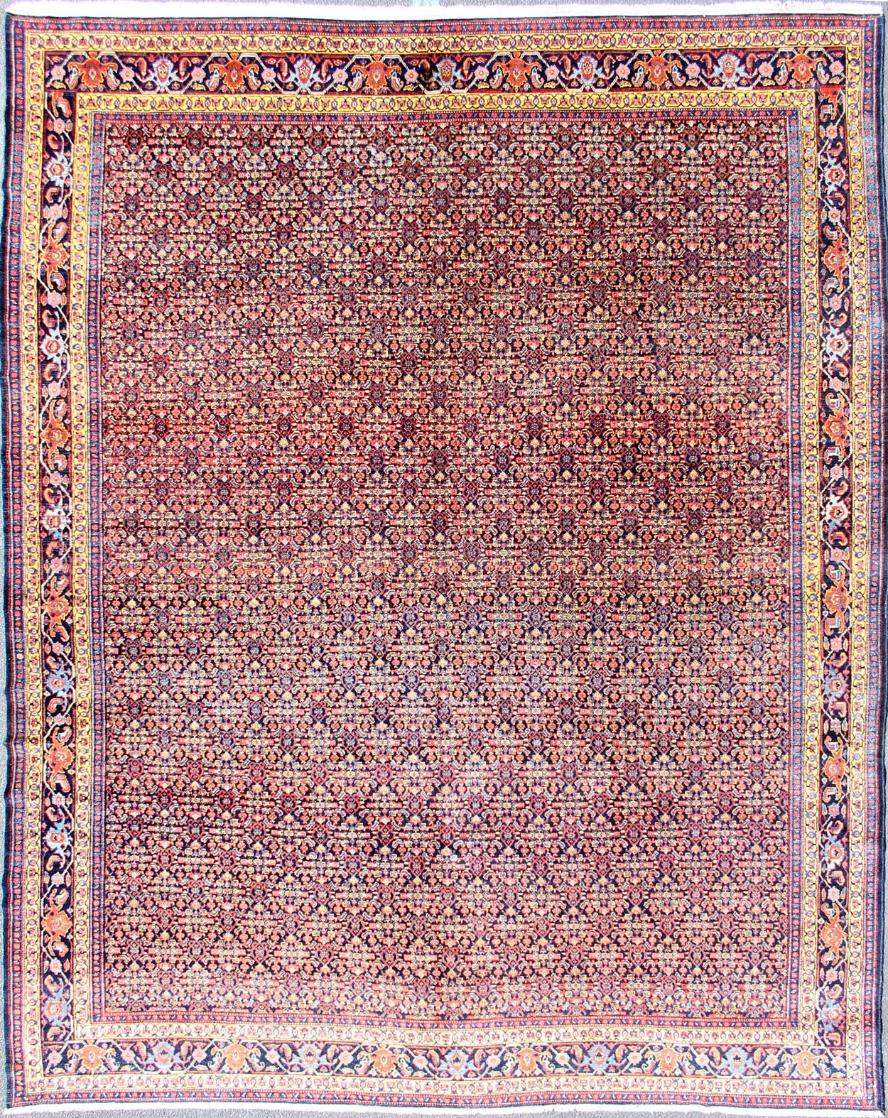 Fine Antique Persian Senneh Rug with Herati Geometric Design in Blue Background. Finely Woven Antique Persian Senneh Rug with Herati Design in Blue Background, Keivan Woven Arts / rug R20 - 0719 - 155, country of origin / type: Iran / Senneh , circa 1910. ... - Keivan Woven ArtsR20 - 0719 - 155 - 13030