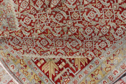 Antique Persian Tabriz Distressed Carpet With Geometric Diamond Design Beautiful red, soft green, tan, light blue, gray, yellow Geometric Persian Tabriz rug, rug R20 - 0722, country of origin / type: Iran / Tabriz, circa 1920. This antique Tabr... - Keivan Woven ArtsR20 - 0722 - 12960