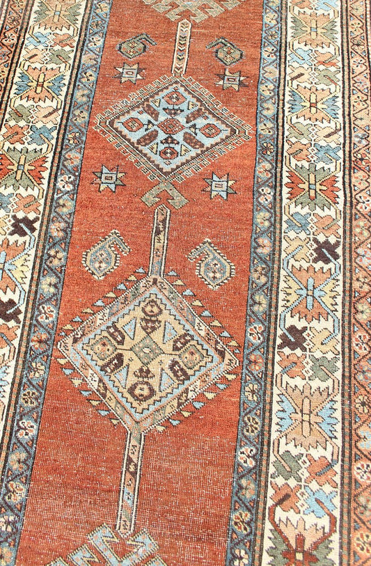 Antique Persian Searpi Runner with Geometric Medallions in Orange, Blue, Ivory Sub - Geometric Medallion design Persian serapi antique runner inivory, blue and orange , rug R20 - 0724, country of origin / type: Iran / serapi, circa 1920 This... - Keivan Woven ArtsR20 - 0724 - 13066